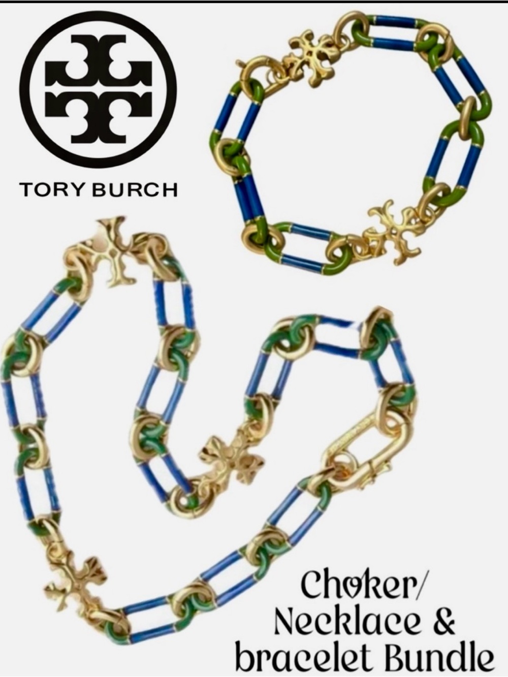 TORY BURCH Blue/Green Roxanne Chainlink Choker/Necklace & Bracelet Bundle.